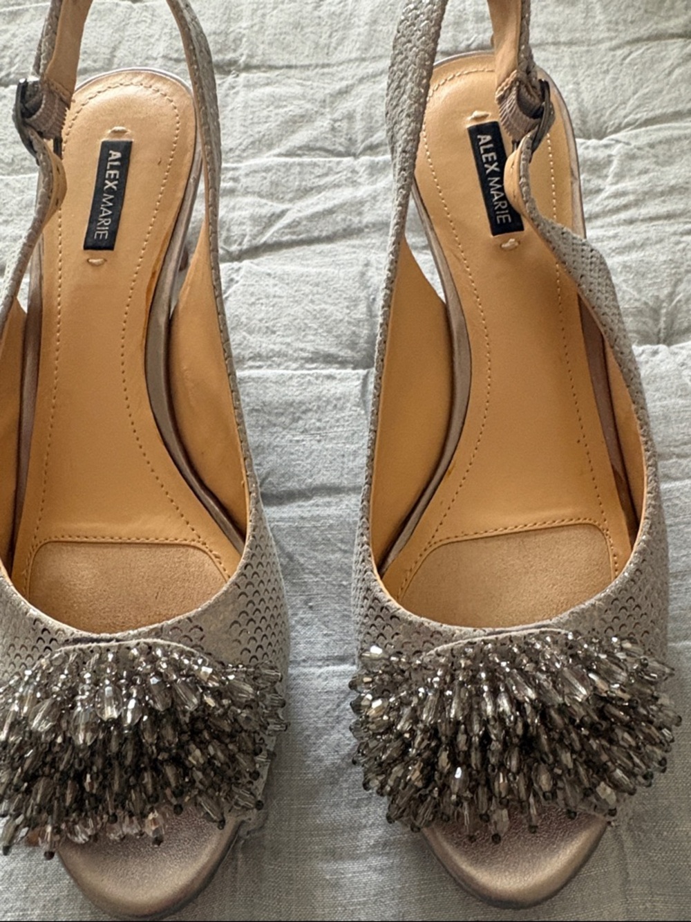 Alex Marie Silver Beaded Slingback Peep-Toe Heels
